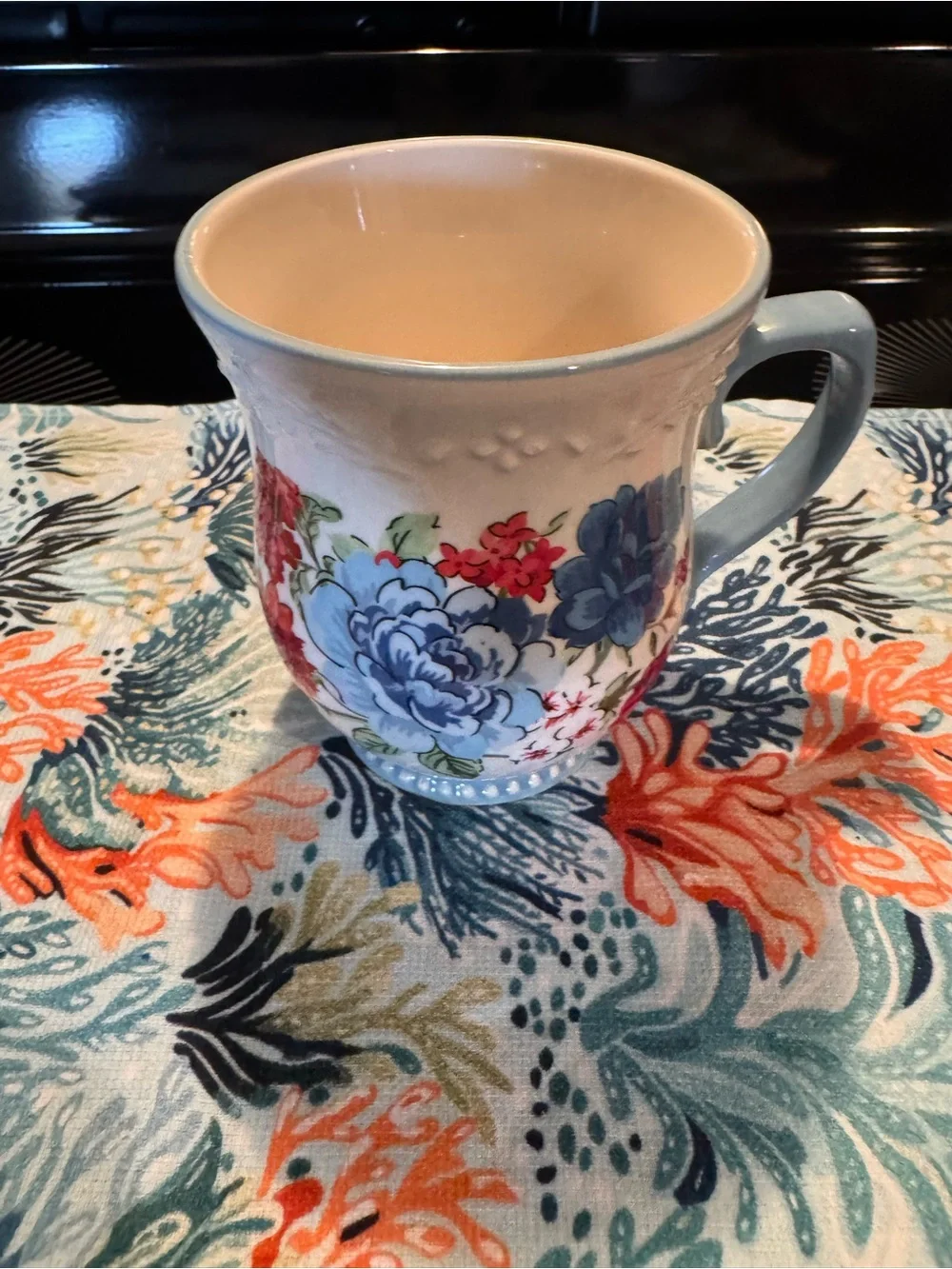 Pioneer Woman Floral Ceramic Tea Mug in Blue and Cream - Elegant Home Dining Cup